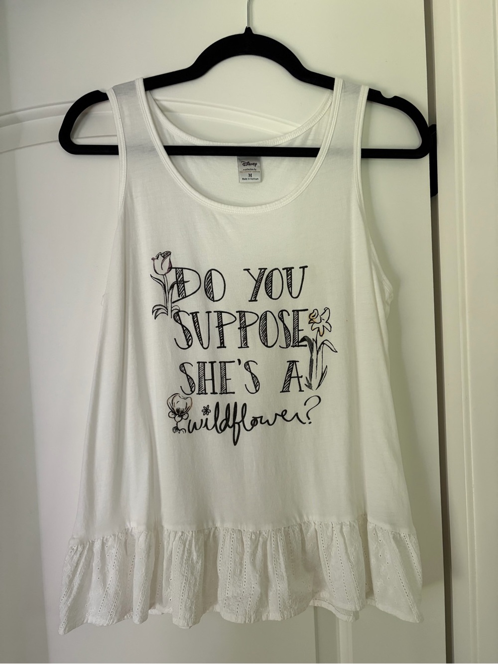 Disney White Tank Top with Black Floral Script